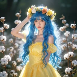 goddess of nature, model pose, blue hair, yellow dress, crown of flowers, surrounded by cotton!! flowers, beautiful symmetrical face!!!, cinematic lightning, rim light, fujifilm provia