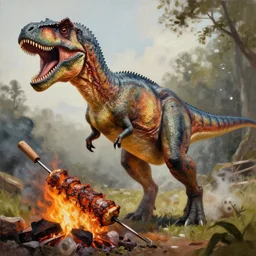 a hype rrealistic painting a dinosaur on a spit, cooked