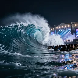 tsunami hits a concert, concert photography, dynamic perspective, water