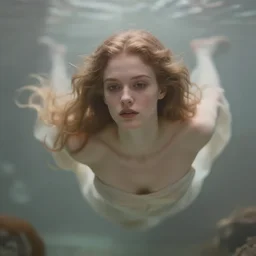 cinestill 5 0 d depht of gfield of a dreamy beautiful pre - raphaelite siren in style of annie liebovitz - john watherhouse, floating in a dystopian environment, elegant, highly detailed, pale tonal matt, soft blur, artstation, head in focus