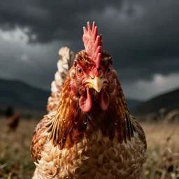 an angry chicken staring into the camera