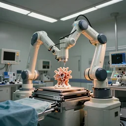a complex bifurcated robotic cnc surgical arm hybrid mri 3 d printer machine making organic ceramic kintsugi mandlebulb forms in the glass room laboratory with control panels, surgical room with operating table, medical, photography, film still from the movie directed by denis villeneuve with art direction by salvador dali, wide lens, f 3 2, cinematic lighting, unreal engine 5 rendered, golden hour,