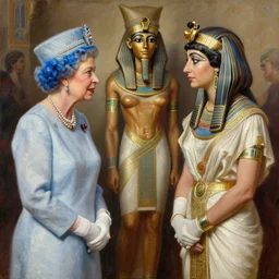 hyper realistic oil painting of photo of queen elizabeth ii meeting queen cleopatra in egypt, in the style of caravaggio