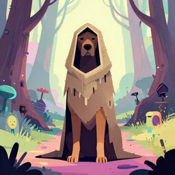 shamanistic anthropomorphic druid dog, wearing infested tattered hood, otherworldly forest path, beeple, dramatic lighting, maximalist pastel color palette, splatter paint, pixar disney concept, graphic novel by fiona staples, dustin nguyen, peter elson, alan bean, wangechi mutu, clean cel shaded vector art, trending on artstation
