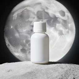 symmetrical photo of small white plastic bottle standing in moon, product shot