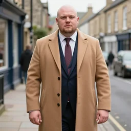 chubby clean - shaven white man from the uk wearing a tan topcoat and necktie standing on a street in yorkshire.