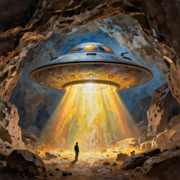 ufo painting on a prehistoric cave, made by primitive man. photography, poor lighting