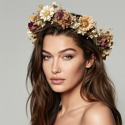 fine art photo of bella hadid, she has a crown of dried flowers, by oleg oprisco