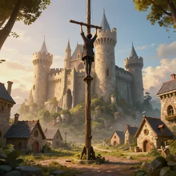 dramatic hangman scene at the gallows pole!!! robust fantasy castle, calming, uplifting mood, ultra realistic, funny, small buildings, highly detailed, epic lighting, illuminated, cinematic, morning, art by eddie mendoza