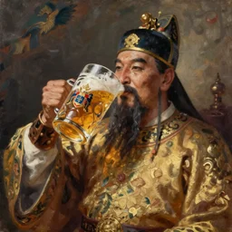 A detailed oil painting of a majestic emperor toasting with a large beer mug which is decorated with a beautiful coat of arms