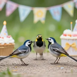 three wagtails having a cool birthday party, photo, highly detailed