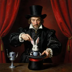 a dark renaissance portrait painting of a magician pulling a robot rabbit from a hat on stage. red curtains in the background.. gloomy dark background. highly detailed fantasy science fiction painting by norman rockwell, moebius, frank frazetta, and syd mead. rich colors, high contrast. artstation