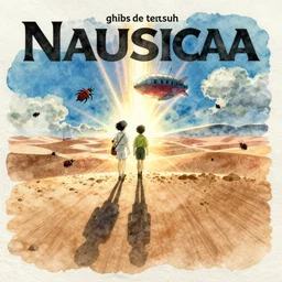 anime movie screenshot, paper texture, ( ( detailed watercolor ) ) characters by tatsuyuki tanaka, vanishing point, by ghibli!!! nausicaa!!, desert!!!, rim light, long shadows, bright, miyazaki, vibrant, motion, airship, flying beetles
