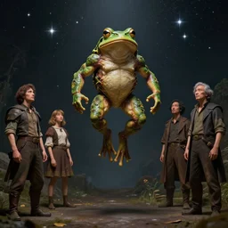 muscular humanoid frog jumps to become one with the stars, by john william godward and anna dittman and laurie greasley and victo ngai and taro okamoto and caspar david friedrich, full body portrait atmospheric lighting, intricate detail, cgsociety, hyperrealistic, octane render, rpg portrait, ambient light, dynamic lighting
