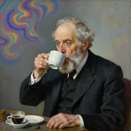 a painting of a old and dusty professor in black suit drinking ten cups of coffee in five seconds to study the psychedelic effect of lsd styled and painted by rene magritte