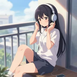 anime girl sitting on a balcony while listening to music, anime key visual, aesthetic, trending on artstation, deviantart, artgem, perfect composition, ross draws, wlop, 8 k