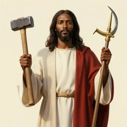 black communist jesus dressed in robes holding a hammer in one hand and a sickle in the other, photorealistic religious art, ultra highly detailed, in the style of communist propaganda and realism